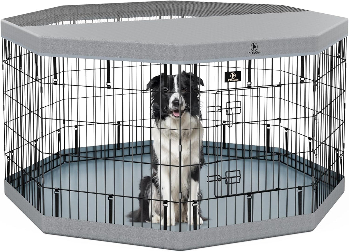 PJYuCien Dog Playpen, 8 Panels 30”H Dog Playpen Indoor with Grey Bottom Pad and Top Cover, Metal