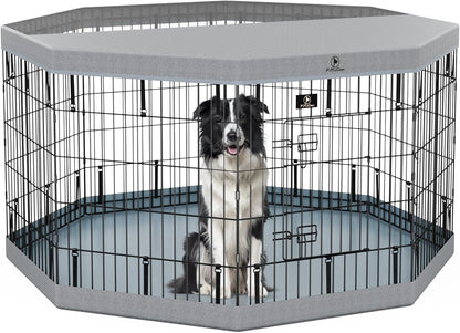 PJYuCien Dog Playpen, 8 Panels 30”H Dog Playpen Indoor with Grey Bottom Pad and Top Cover, Metal