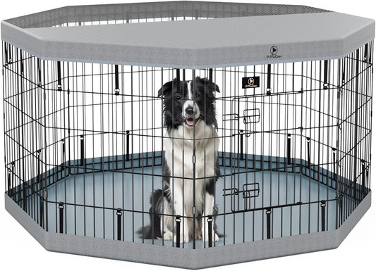 PJYuCien Dog Playpen, 8 Panels 30”H Dog Playpen Indoor with Grey Bottom Pad and Top Cover, Metal