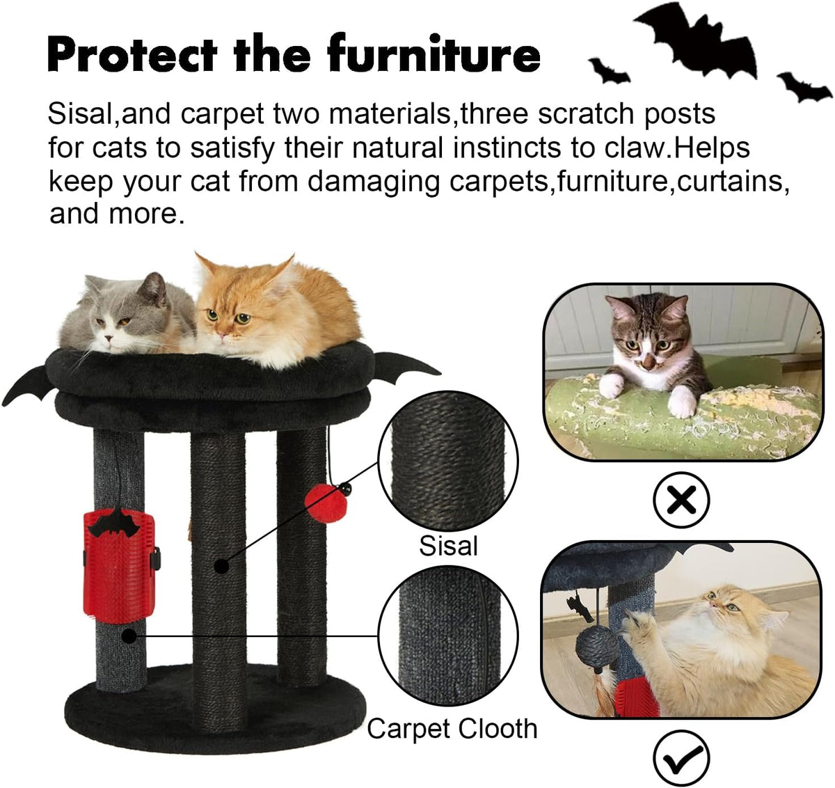 MECOOL 4in1 Small Cat Tree,Scratching Post with Tower Soft Bed, Sisal Carpet Jute Posts with Three