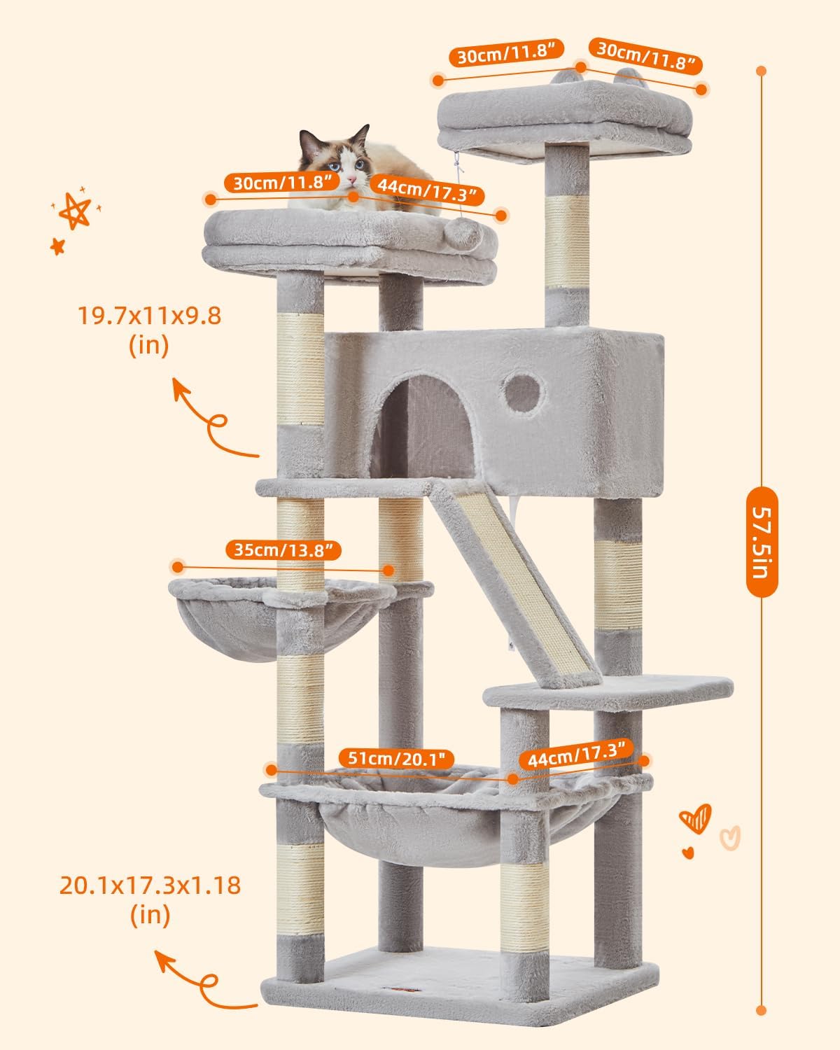 Taoqimiao Cat Tree 57.5-Inch, Cat Tower for Indoor Cats Large Adult, Extra Large Cat Condo, 8 Sisal