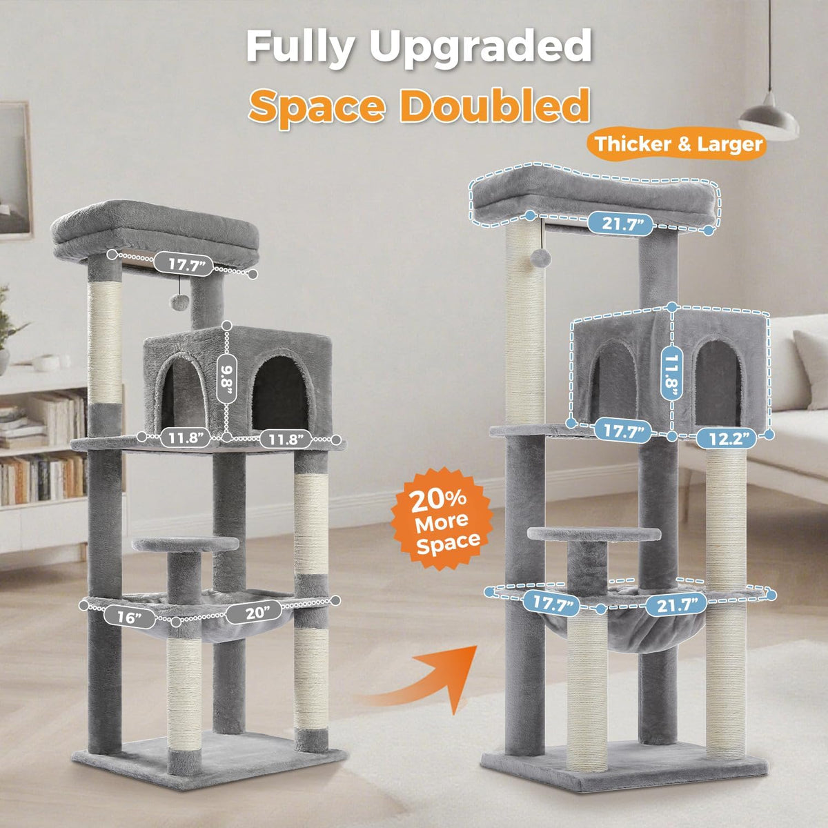 Large Cat Tree with Reinforced Scratching Posts (φ3.1in) for Big Adult Cats 30 lbs, 57.8" Heavy