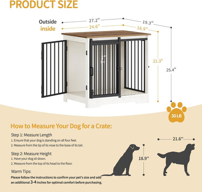 27.2" Dog Crate Furniture with Barn Door, Heavy Duty Dog Kennel Indoor with 2 Doors, Wooden Pet