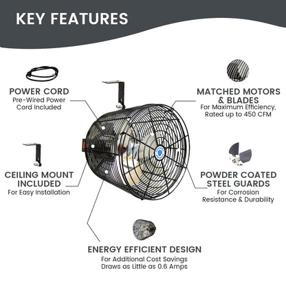 Schaefer VK12-B VersaKool Air Circulator Ceiling Wall Mount Greenhouse Fan & Aluminum Blade, 1470