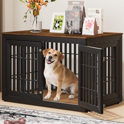 48" Heavy Duty Dog Crate Furniture for Small,Medium and Large Dogs,Rustic Wooden Dog Cage Kennel