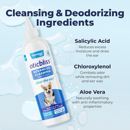 Vetnique Oticbliss Cat & Dog Ear Cleaners: Medicated Dog Ear Drops for Infection, Antiseptic Flush