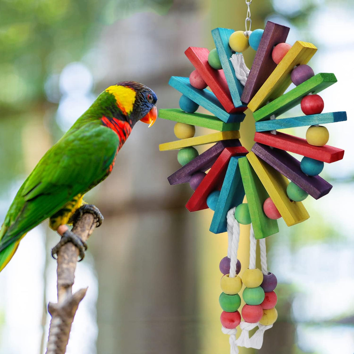 Parrot Hanging Chew Toy Bird Bite Swing with Colorful Wood Beads Bells for Parrot Macaw African