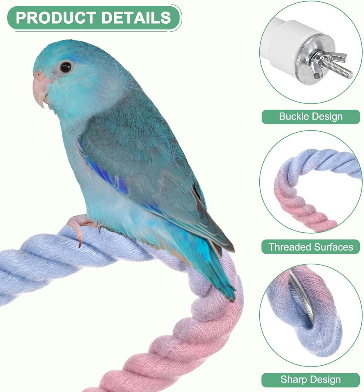 2-Pack Rope Perches for Bird Cages, 23.6 in Length Comfort Grip Flexible Rope Perch Beak & Paw