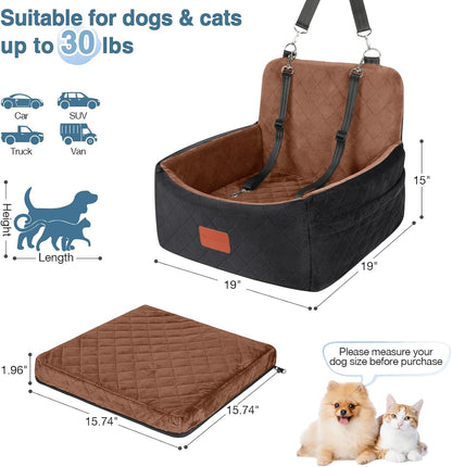 Dog Car Seat for Small Dogs Under 30lbs,Ultra Soft Fabric & Memory Foam Pet Travel Car Bed,Washable