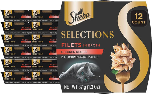 Sheba Selections Filets in Broth Adult Wet Cat Meal Complement Chicken Recipe, 1.3 oz. Cups, 12