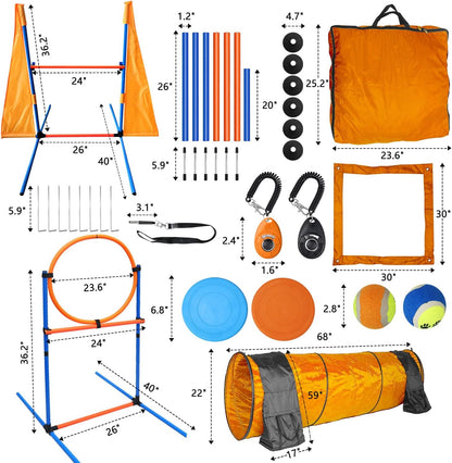 Dog Agility Training Equipment Set Outdoor Indoor Game, Tire Jump + Hurdle Jump, Tunnel, Weave