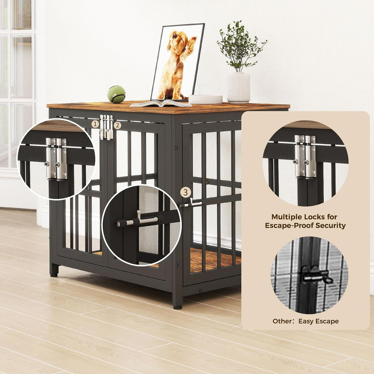 26 Inch Heavy Duty Wooden Dog Kennel End Table with Double Door Design and Secure Locks, Indoor Pet