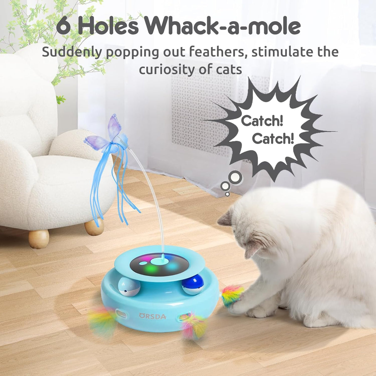 ORSDA Cat Toy, 3-in-1 Automatic Interactive Electronic Moving Ambush Feather, Fluttering Butterfly