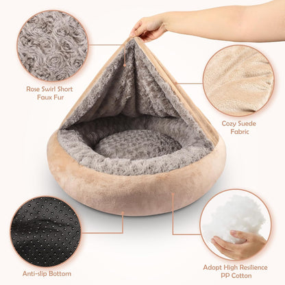 JOEJOY Small Dog Cat Bed With Hooded Blanket, Cozy Cuddler Luxury Puppy Pet Donut Round Calming