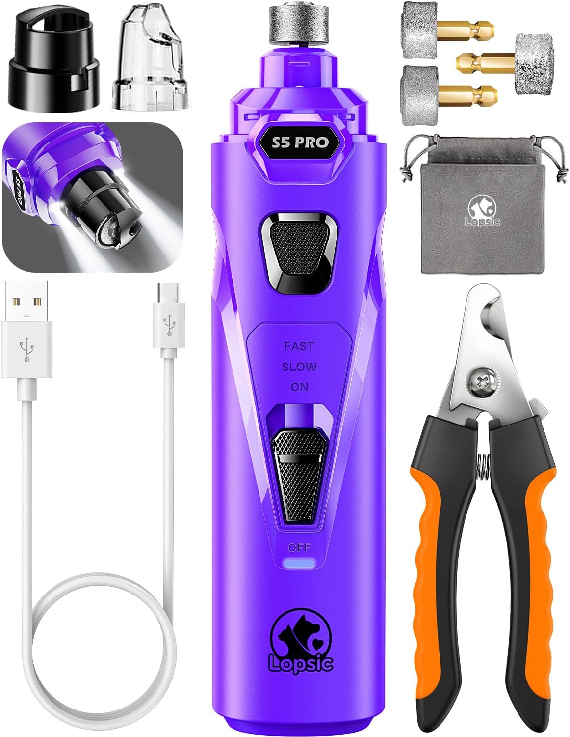 Dog Nail Grinder with 2 LED Lights Powerful 2 Speeds Super Quiet Dog Nail Trimmers with 3 Grinding