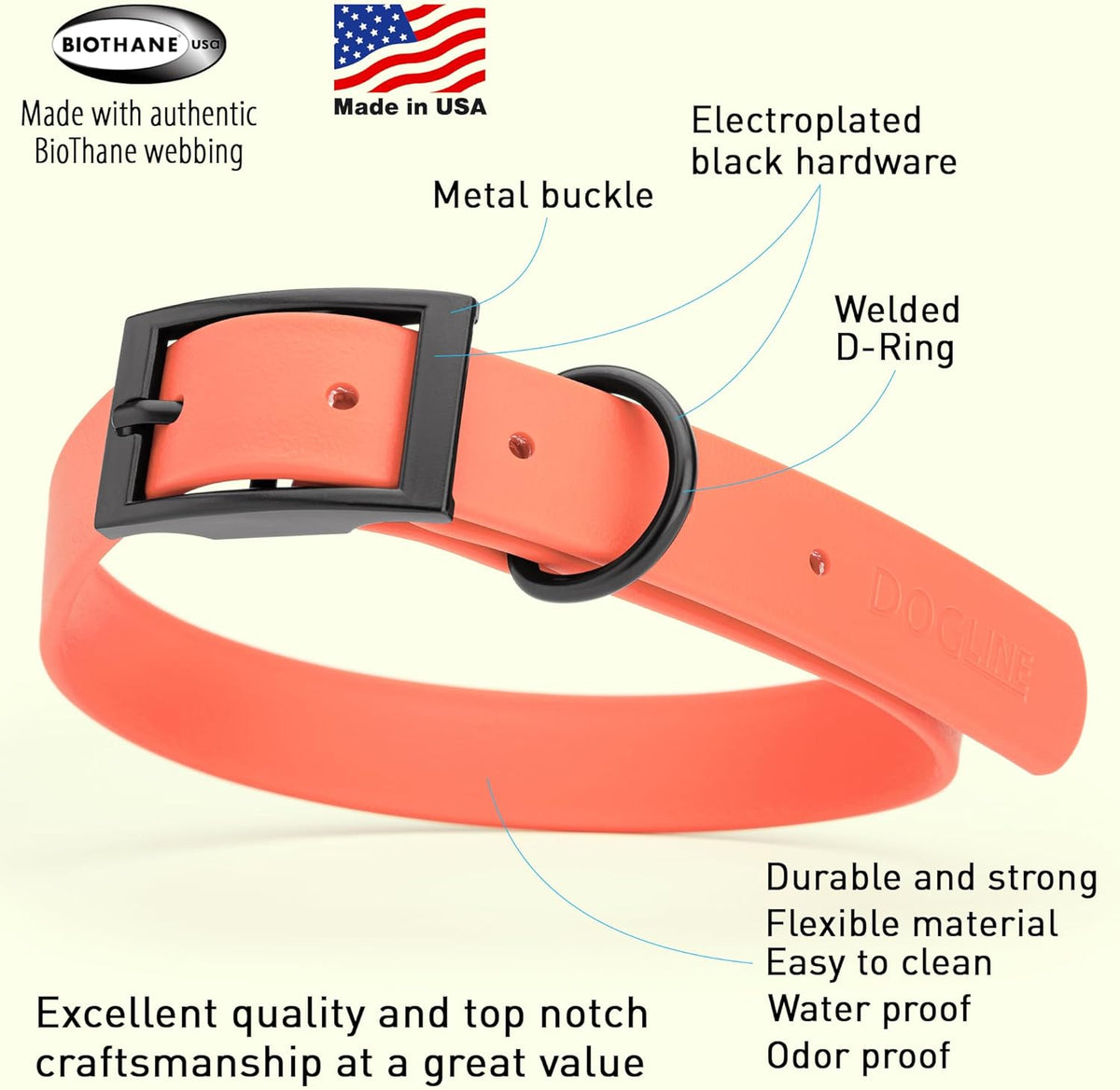 Dogline Biothane Waterproof Dog Collar Strong Coated Nylon Webbing with Black Hardware Odor- Proof