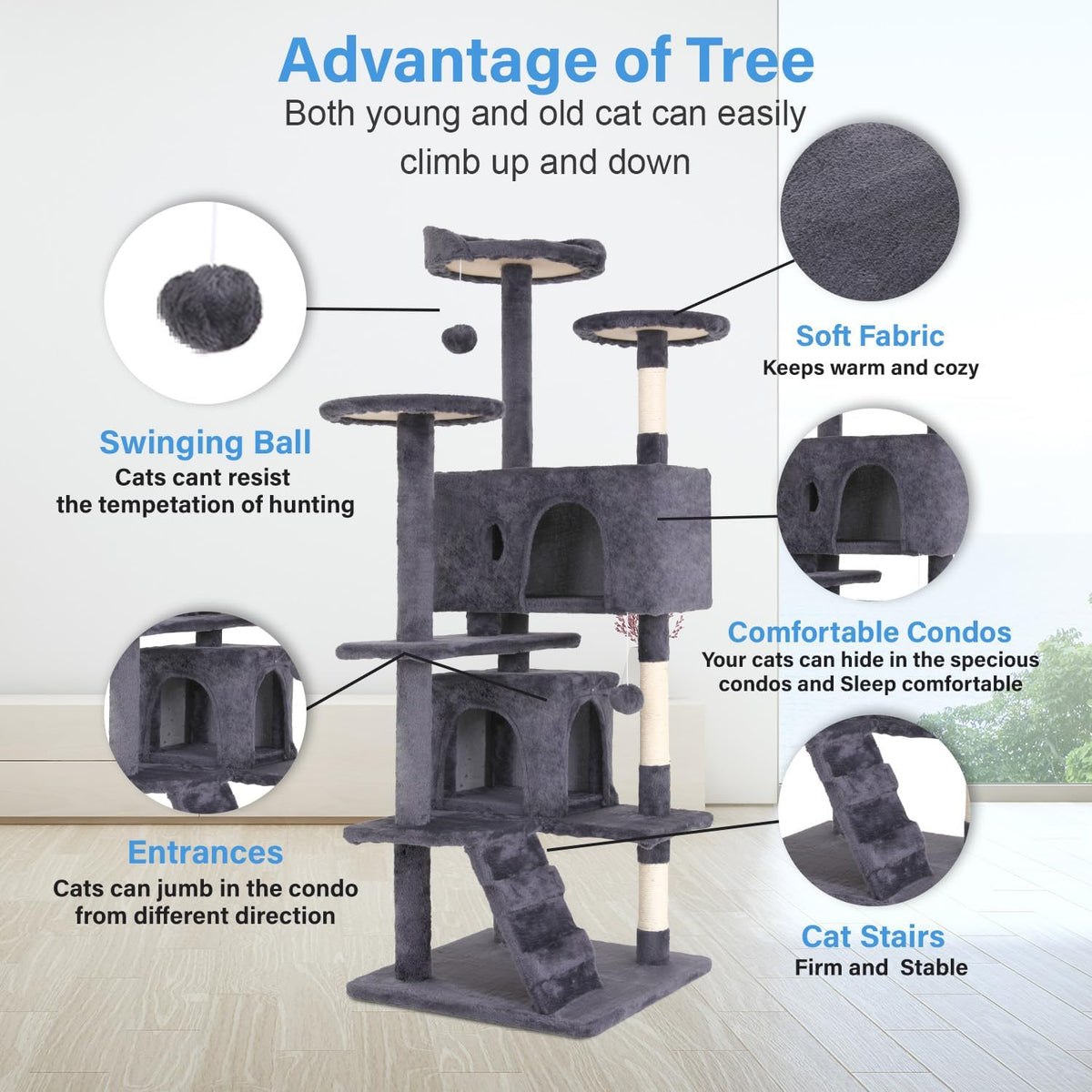FDW Cat Tree 54in Cat Tower Multi-Level Durable Cat Scratching Post & Cozy Fun Cat Jumping Platform