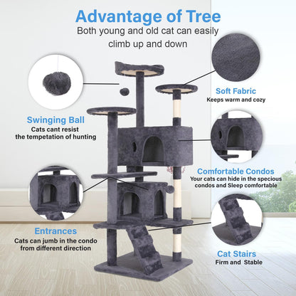 FDW Cat Tree 54in Cat Tower Multi-Level Durable Cat Scratching Post & Cozy Fun Cat Jumping Platform