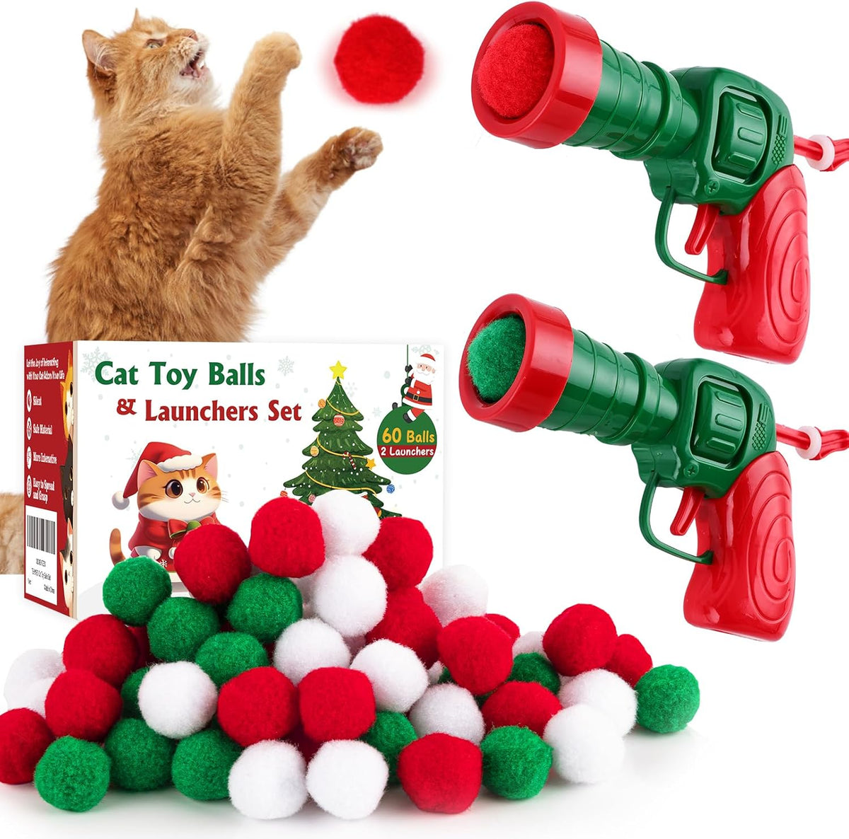 Cat Toy Set (2+60) - Pom Pom Balls & Launchers, Interactive Enrichment Toys