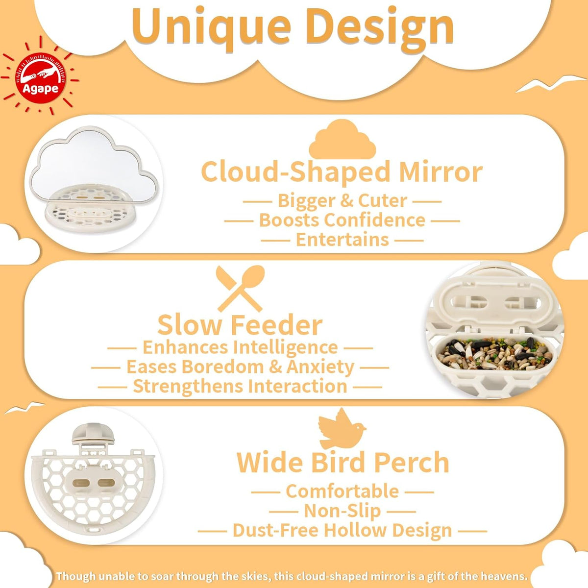 Agape Parakeet Mirror with Perch & Slow Feeder, Bird Cage Accessories for Small Parrots to Expend
