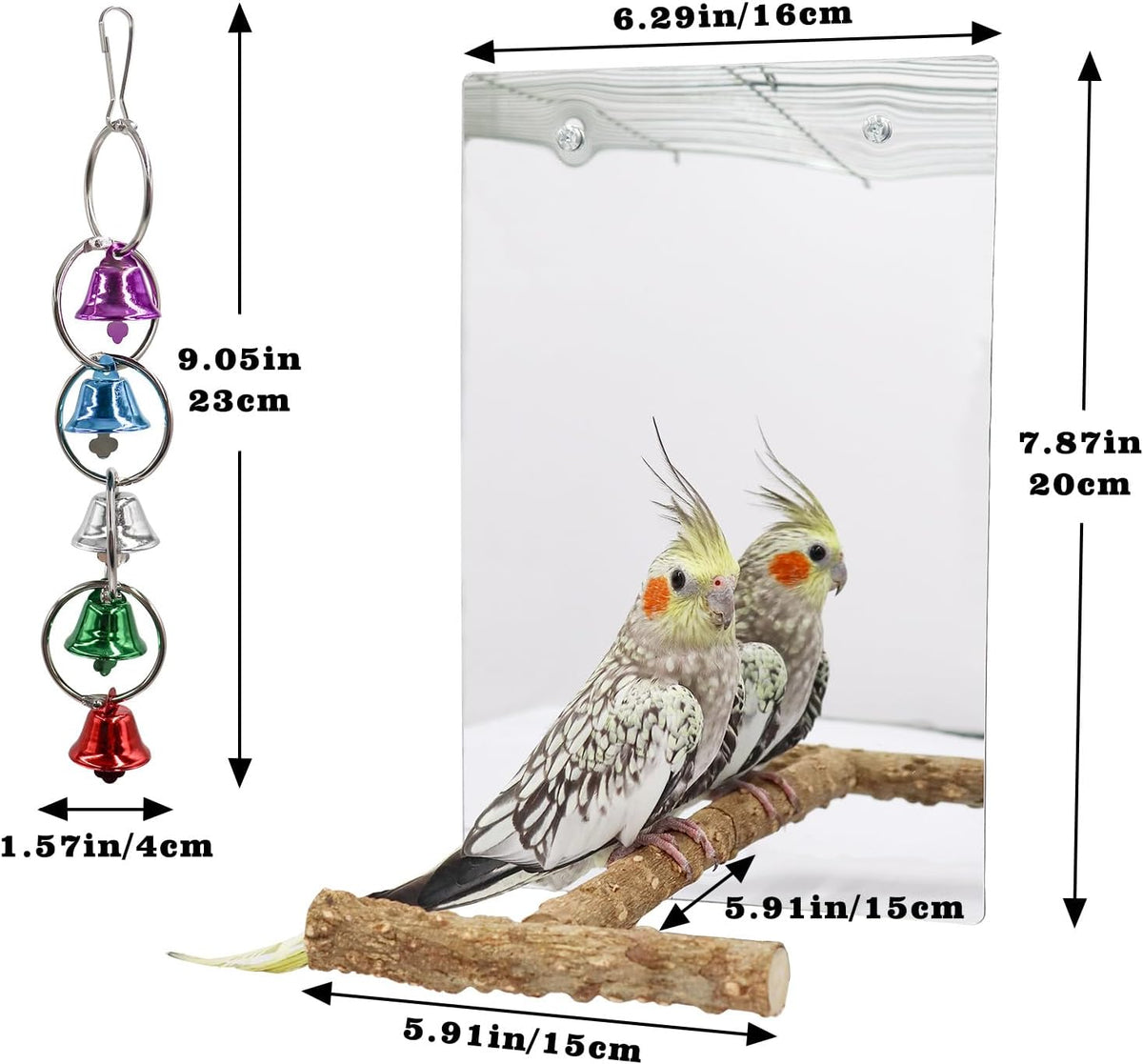 Bird Mirror Toy with Perch Stand, Parrot Parakeet Mirror with Bird Swing Bell Toys, Bird Cage