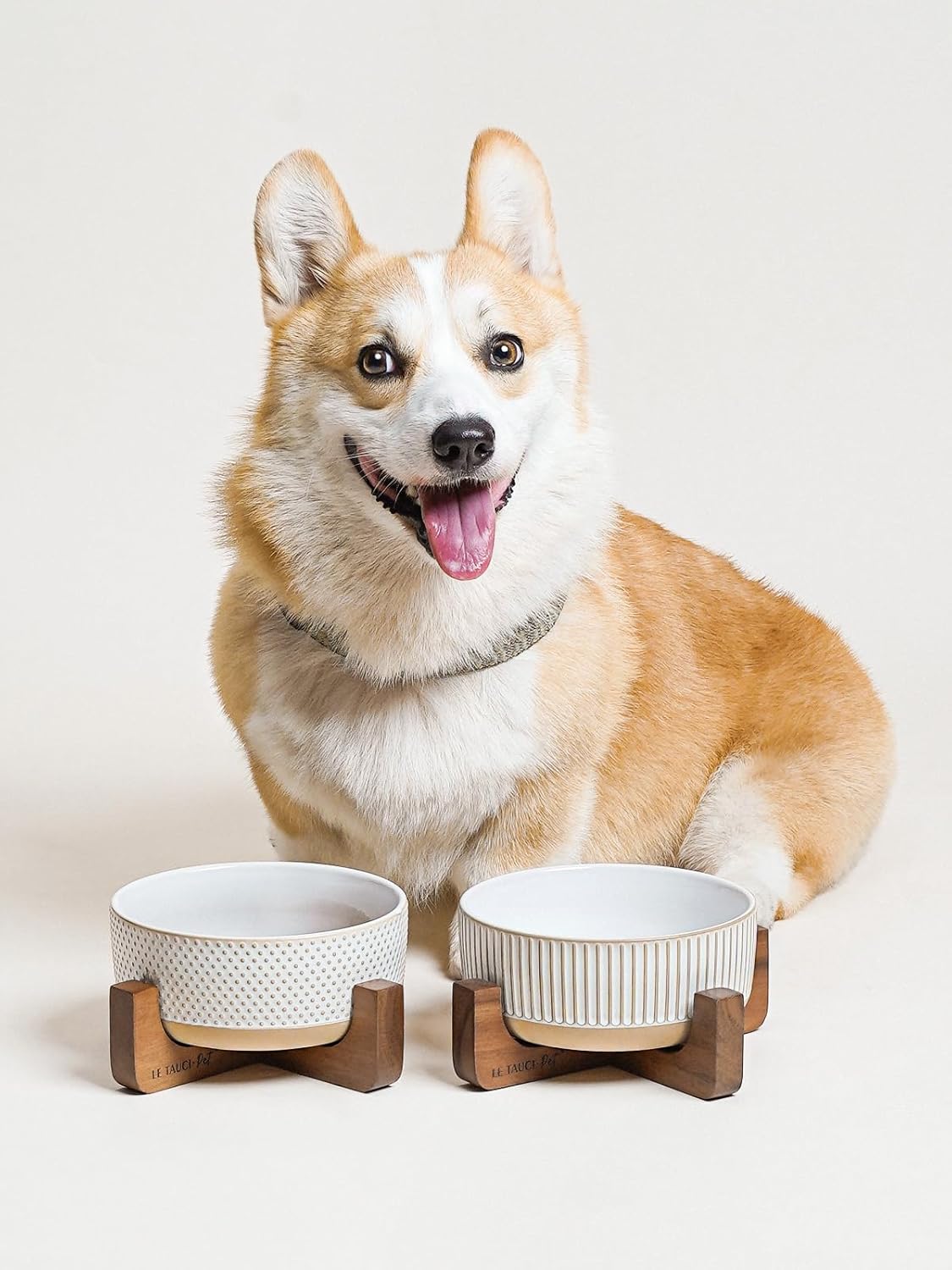 Ceramic Dog Bowls for Medium Small Dogs - 4 Cup Medium Dog Food and Water Bowls with Wood Stand