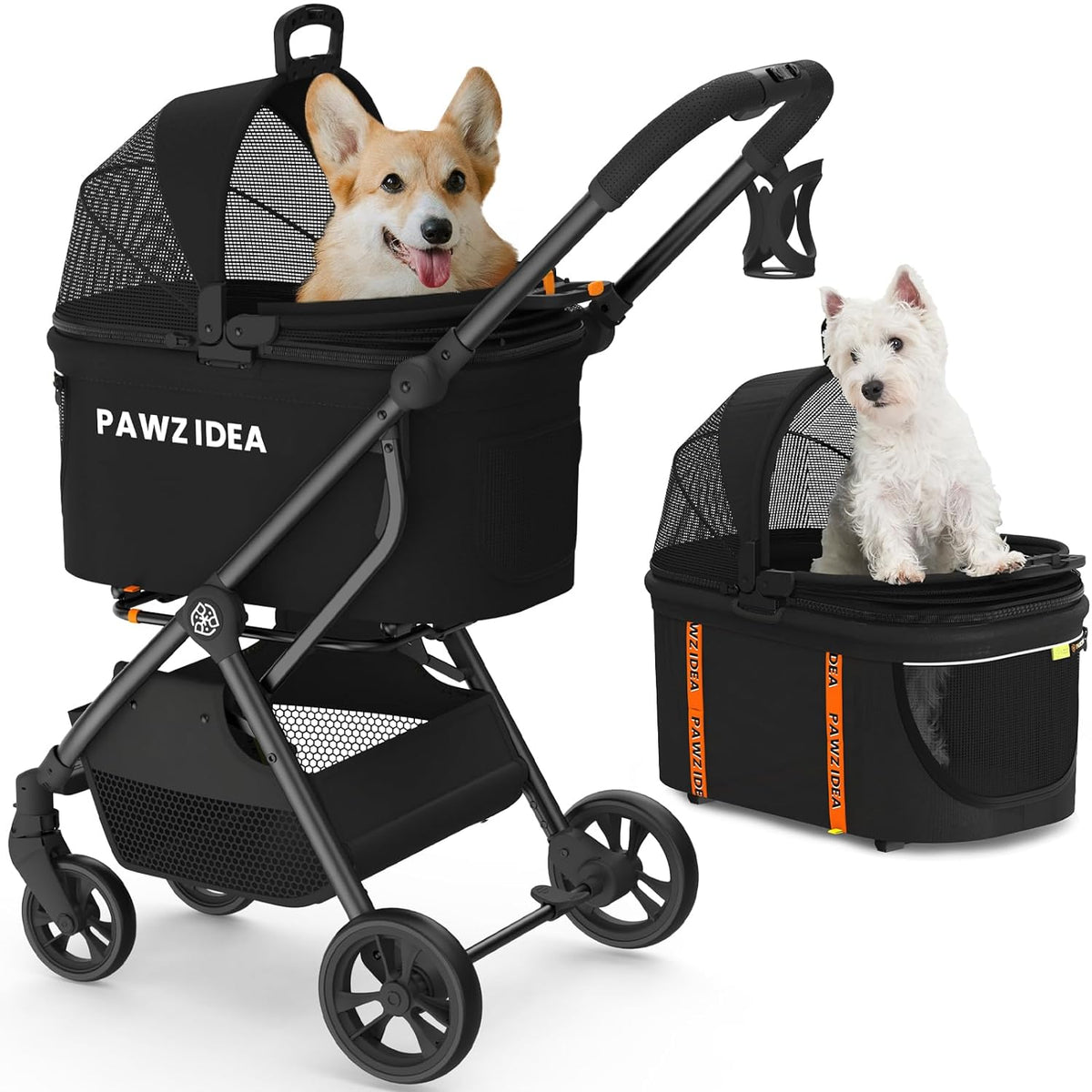 PAWZIDEA Pet Stroller 4 in 1, Dog Strollers for Small/Medium Dogs/Cats with Detachable Carrier