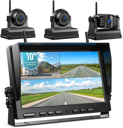Fookoo HD 10" Magnetic Wireless Backup Camera,10" IPS Split Screen Monitor, Rechargeable 2 Side
