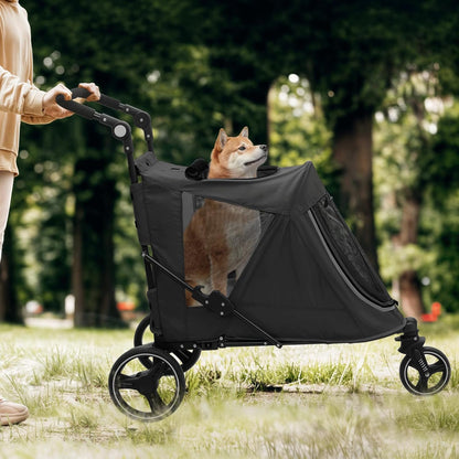 Magshion Pet Stroller for Medium Dogs w/Adjustable Handle, 3-Wheel Dog Cat Wagon w/Dual Entry, Rear