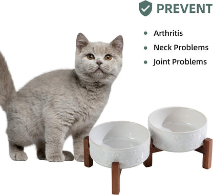 Ceramic 5.1inch Raised Double Bowls Set with Acacia Wood Stand, 2 Heights Elevated, Food & Water