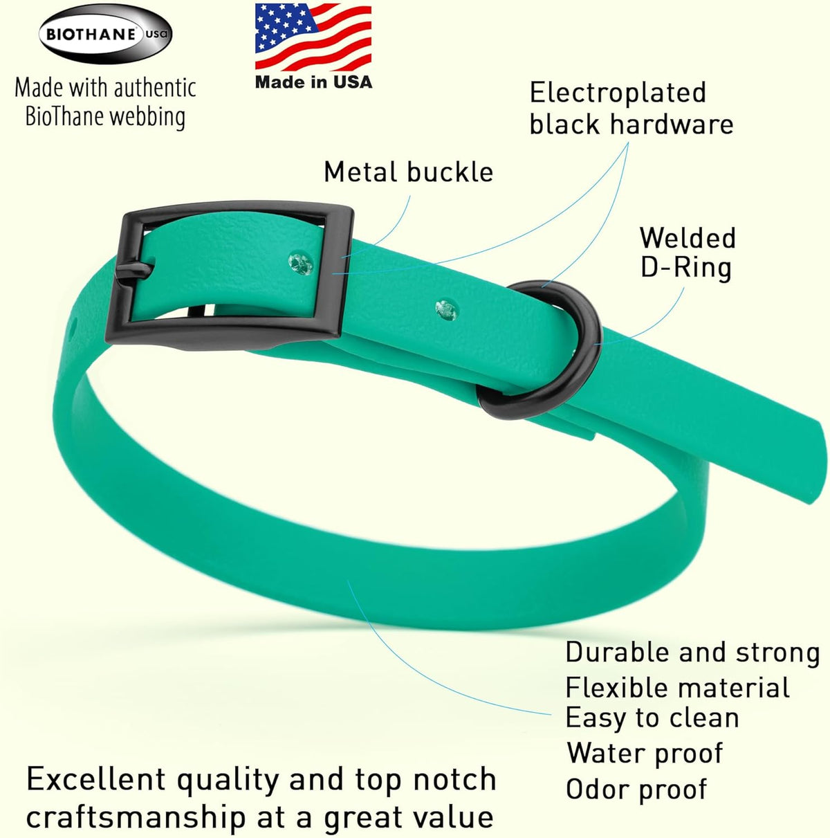 Dogline Biothane Waterproof Dog Collar Strong Coated Nylon Webbing with Black Hardware Odor- Proof