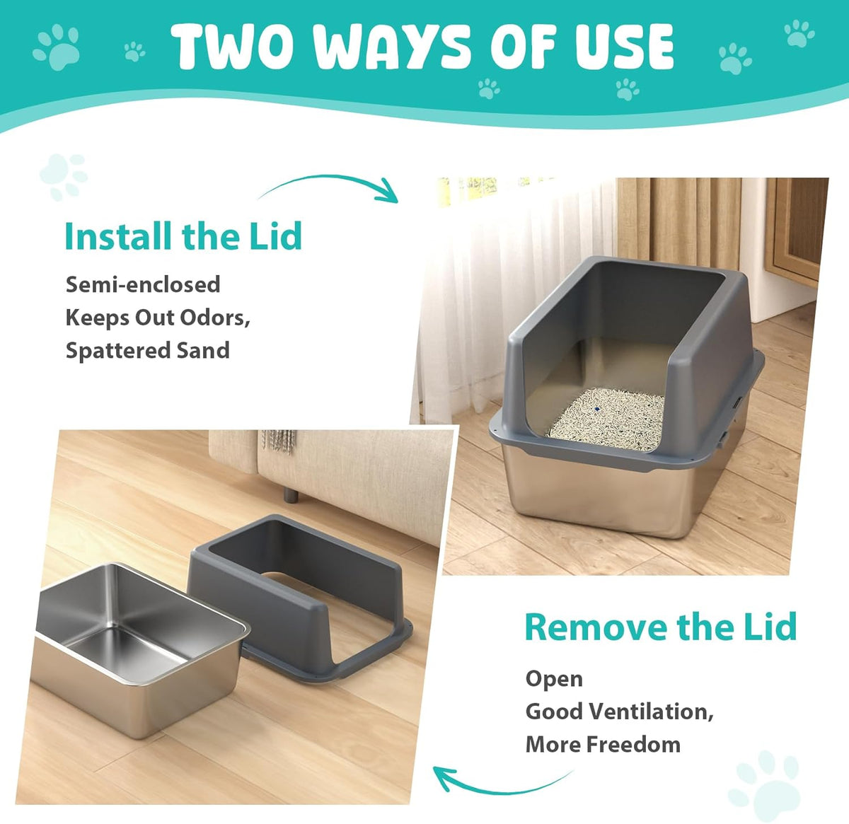Litter Box with Lid, Stainless Steel Litter Box, 12" Metal Litter Pan High Sides, Small Litter Tray