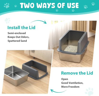 Litter Box with Lid, Stainless Steel Litter Box, 12" Metal Litter Pan High Sides, Small Litter Tray