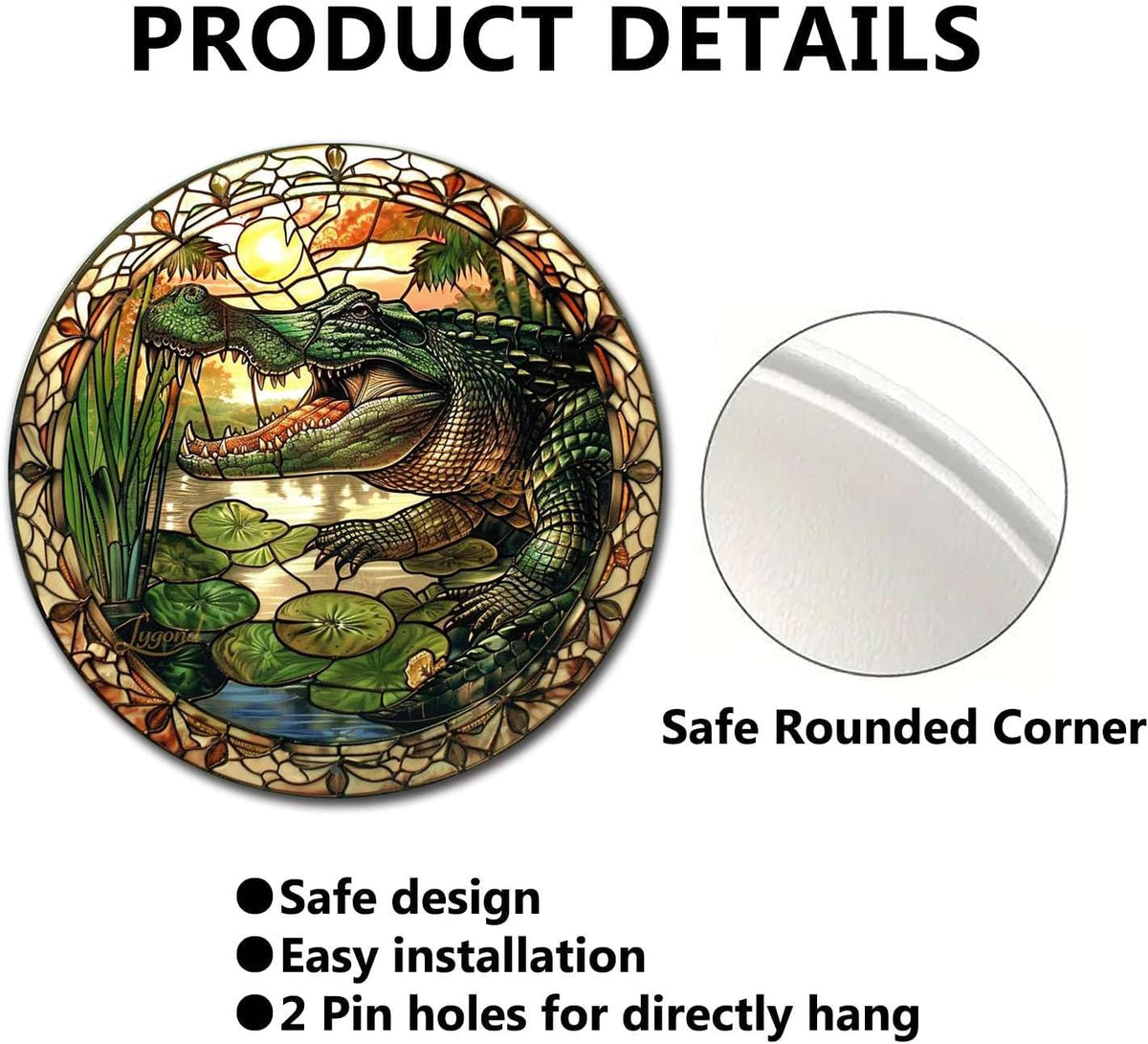 Lygond Metal Sign Tin Sign Circular Stained Glass Alligator Minimalist Wall Art for Home Decor