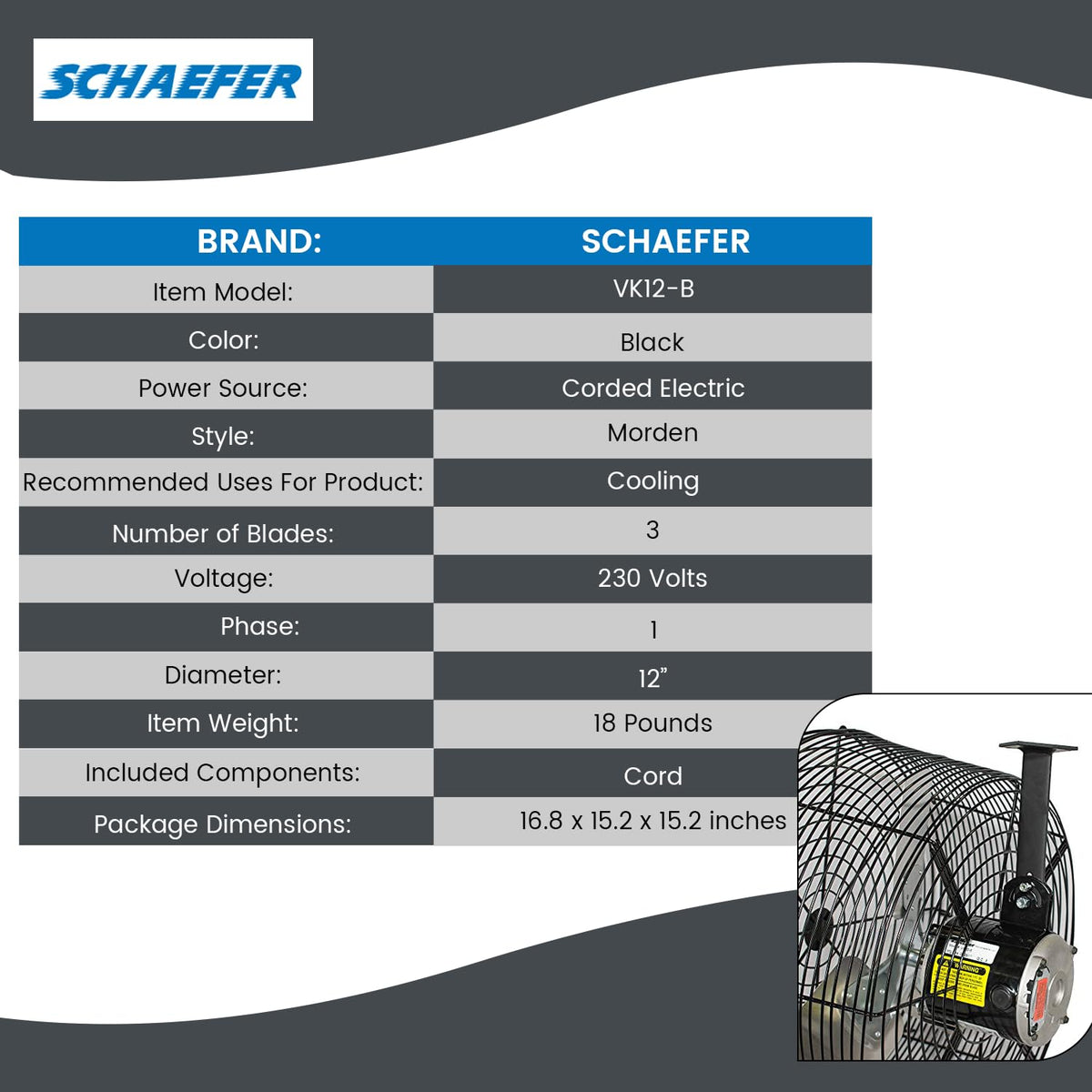 Schaefer VK12-B VersaKool Air Circulator Ceiling Wall Mount Greenhouse Fan & Aluminum Blade, 1470