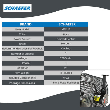 Schaefer VK12-B VersaKool Air Circulator Ceiling Wall Mount Greenhouse Fan & Aluminum Blade, 1470