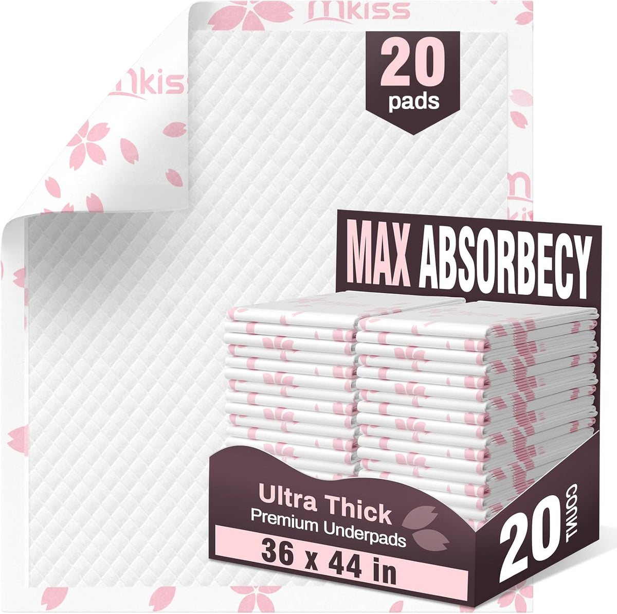 MKISS Heavy Duty Incontinence Underpads, 36" x 44", 20 Count-Super Absorbent Disposable Bed Pads