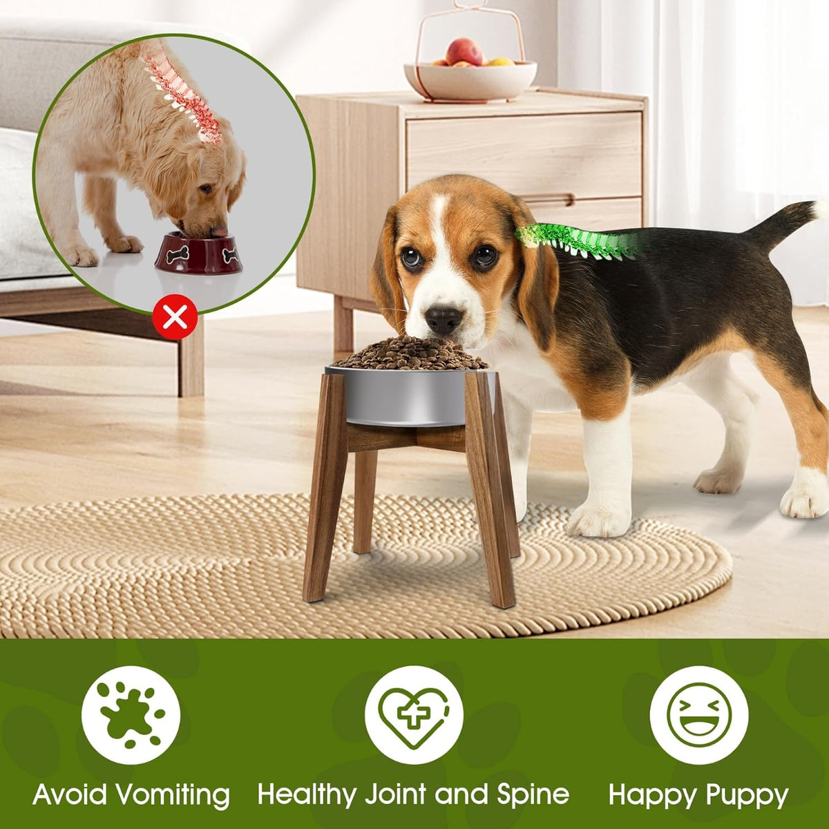 Solid Acacia Hardwood Elevated Dog Bowl Stand, Raised Feeder for Medium & Large Dogs, Fits up to 9″
