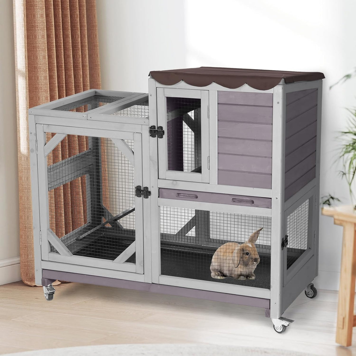 Aivituvin Rabbit Cage Indoor Outdoor Bunny Hutch on Wheels, 2 Story Wood Guinea Pig Cages with 2