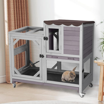 Aivituvin Rabbit Cage Indoor Outdoor Bunny Hutch on Wheels, 2 Story Wood Guinea Pig Cages with 2