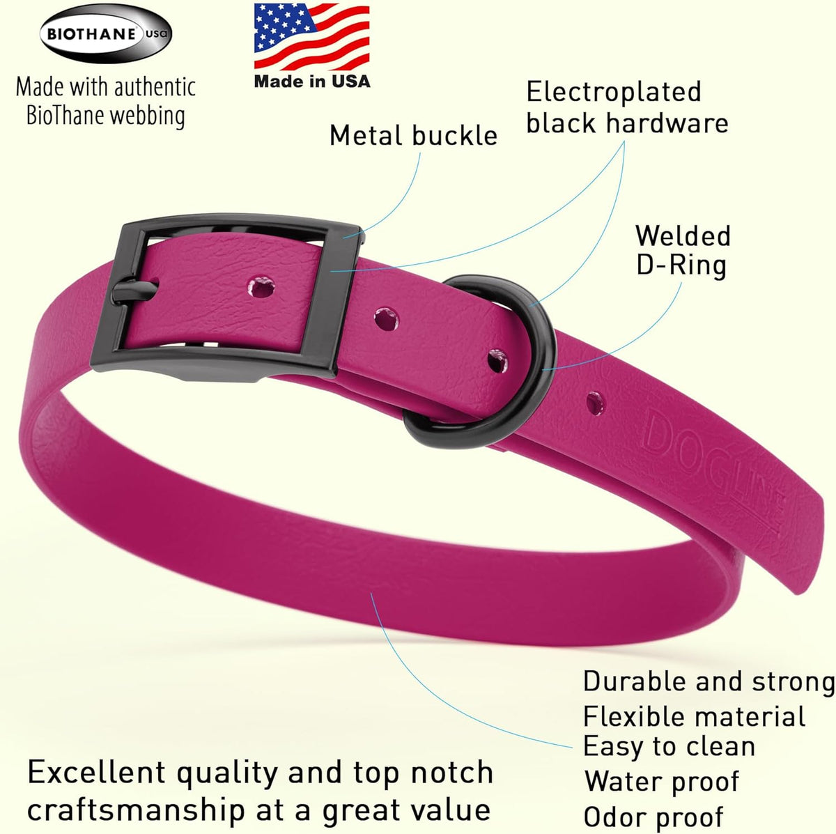 Dogline Biothane Waterproof Dog Collar Strong Coated Nylon Webbing with Black Hardware Odor- Proof