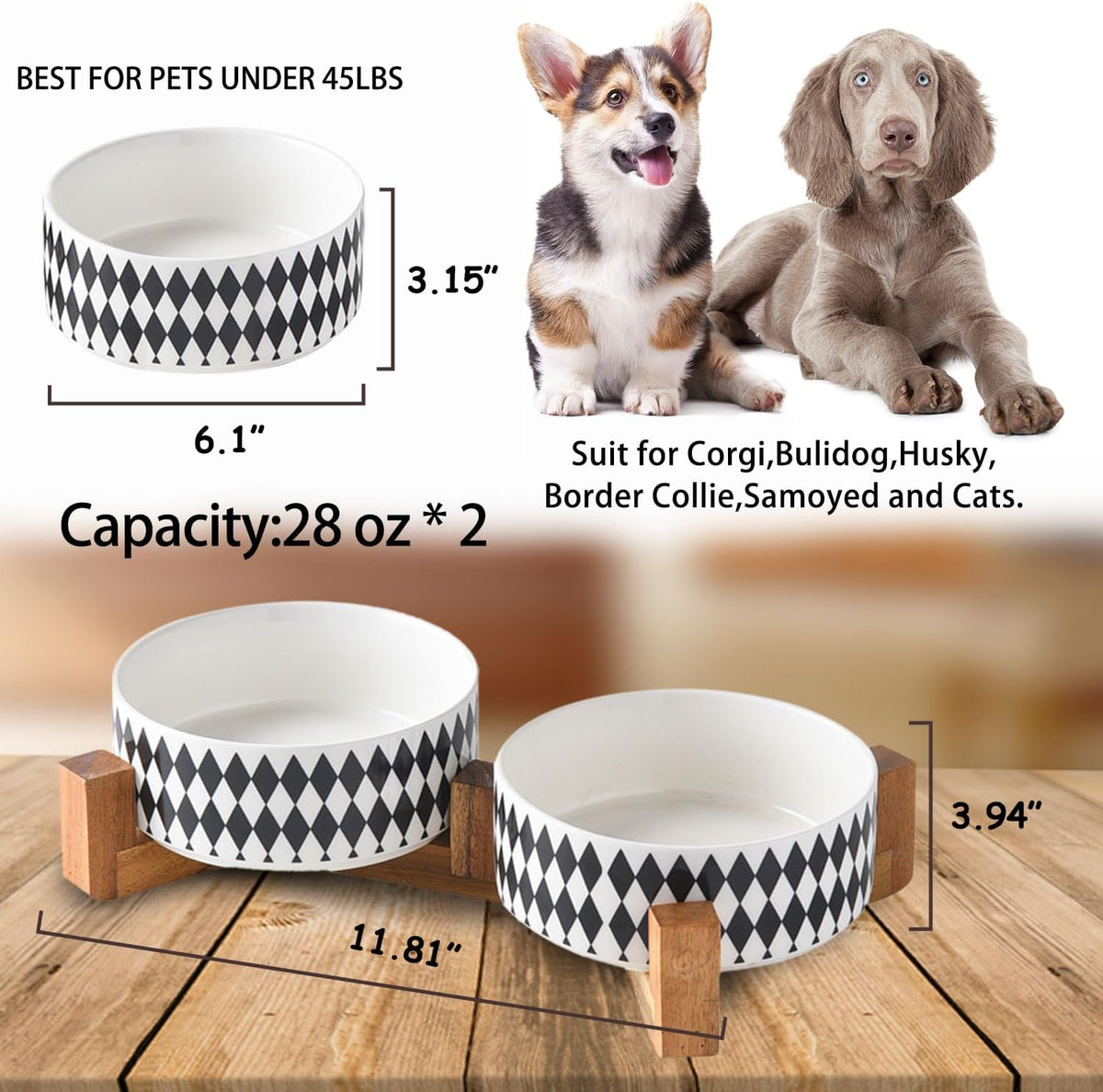 Petygooing Ceramic Dog Cat Bowl Set with Stand, Pet Food and Water Dishes,Small Dog Bowls Anti-Slip