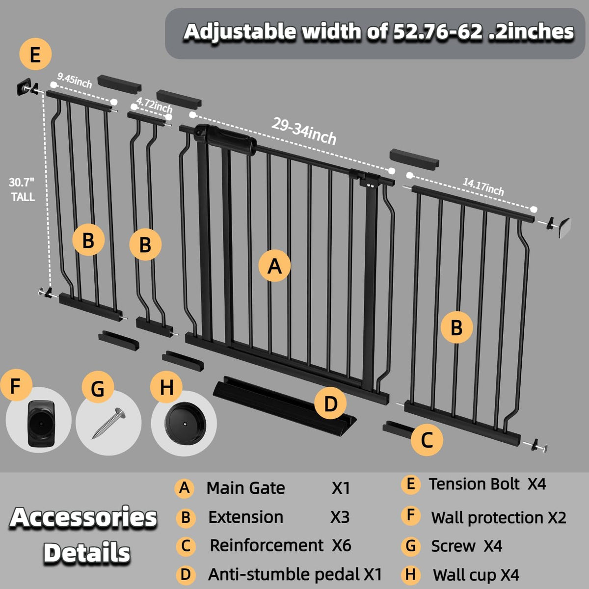 TSAYAWA Walk Through Baby Gate with Door, 52.76~62.2 Inch Wide Presure Mounted No Drill Metal Auto
