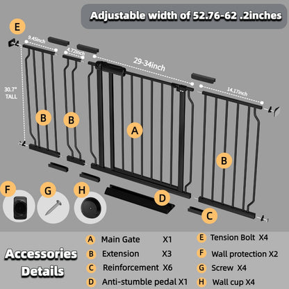 TSAYAWA Walk Through Baby Gate with Door, 52.76~62.2 Inch Wide Presure Mounted No Drill Metal Auto