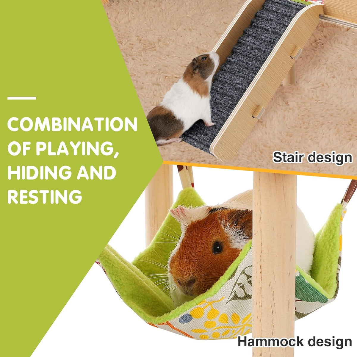 Guinea Pigs Hammock with Platform, Safe Wooden Guinea Pig Hideout with Stairs, Durable Small Pet