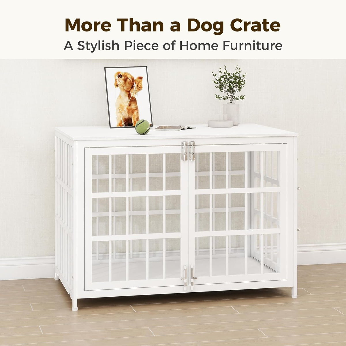 38 Inch Heavy Duty Wooden Dog Kennel End Table with Double Door Design and Secure Locks, Indoor Pet