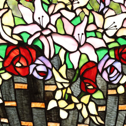 Bieye W10037 Lily and Rose Flower Gaily Decorated Basket Tiffany Style Stained Glass Window Panel