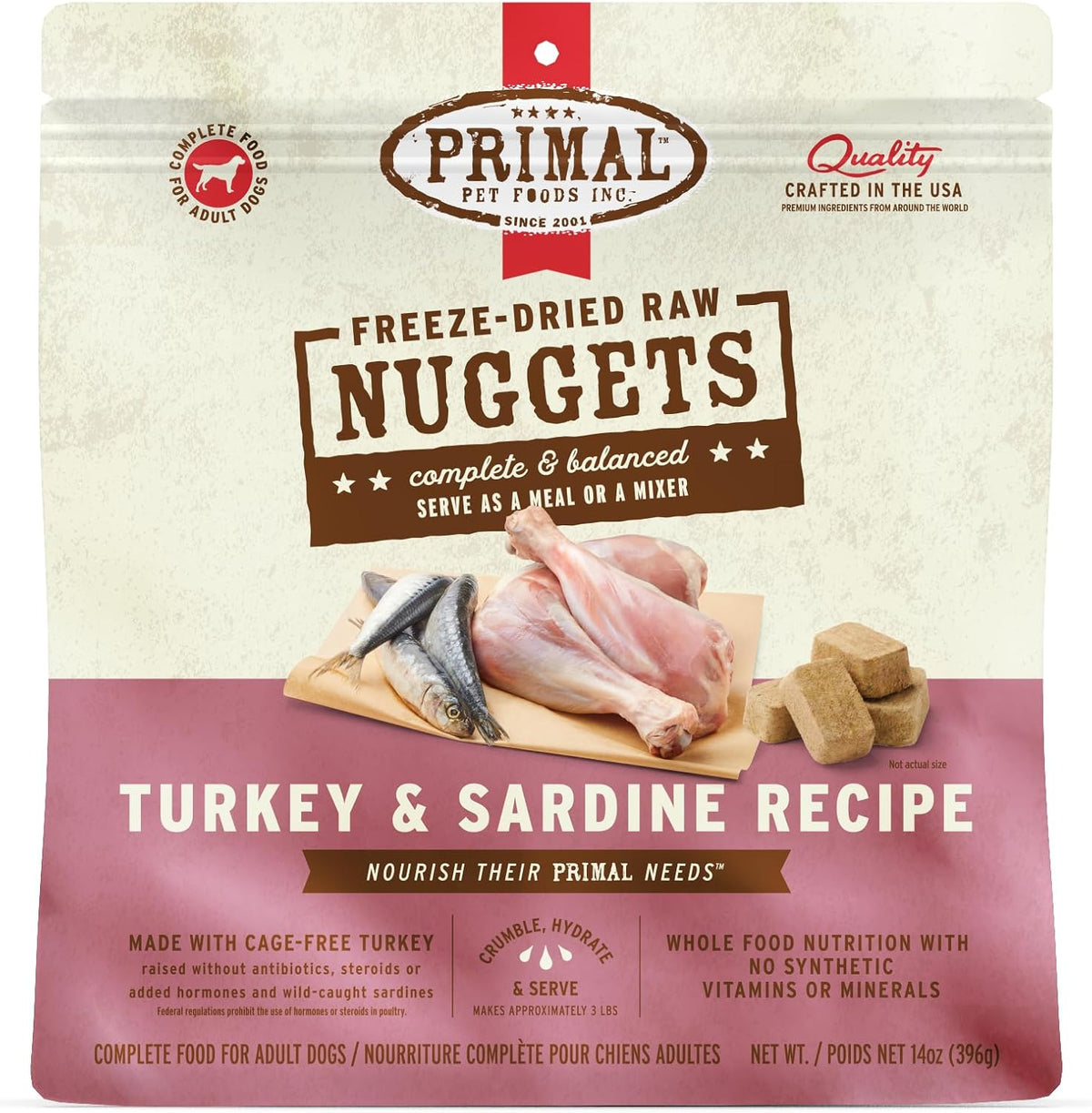 Primal Freeze Dried Raw Dog Food Nuggets, Turkey & Sardine Complete & Balanced Meal, Also Use as