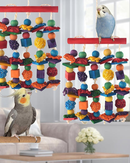 Bird Toys, 2PCS Parrot Foraging Hanging Toy, Multicolored Natural Wooden Blocks Parakeet Chewing