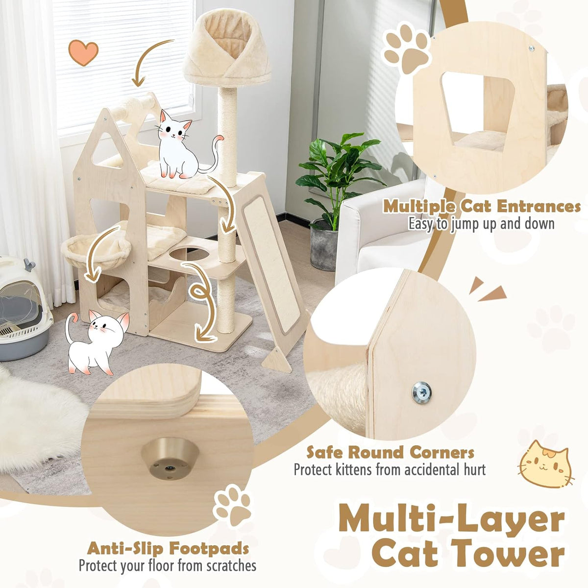 Tangkula Modern Wood Cat Tree for Indoor Cats, 64 Inch Multi-Level Tall Cat Tree with Scratching